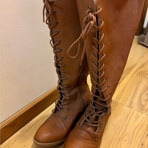 Brown wide width knee-high lace up boots